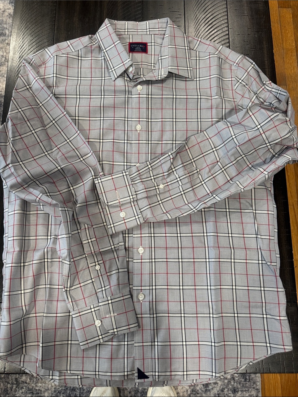 New UNTUCKit Men's Gray Plaid Dress Shirt with Red Windowpane